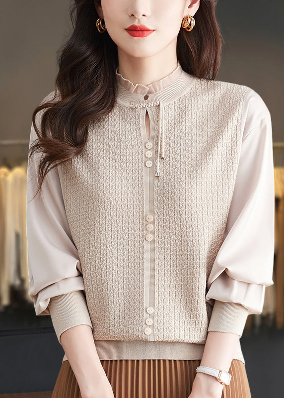 Elegant Mulberry Ruffled Patchwork Knit Sweater Tops Spring TQ012 ABC