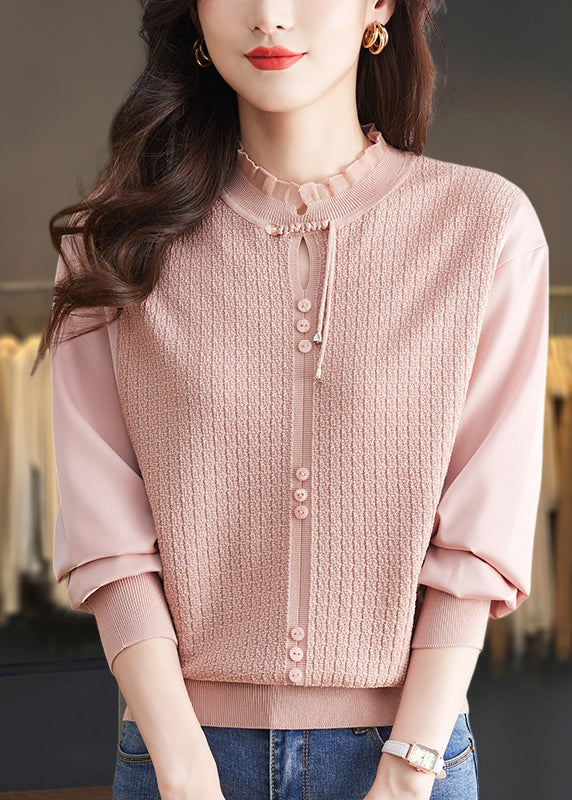 Elegant Mulberry Ruffled Patchwork Knit Sweater Tops Spring TQ012 ABC