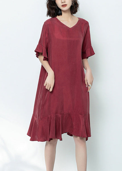 Elegant Mulberry V Neck Ruffled Patchwork Long Dress Summer GH1078 Ada Fashion