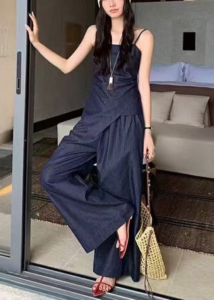 Elegant Navy Denim Summer Fit Piece Asymmetrical Silm 2 Outfit FashionChic