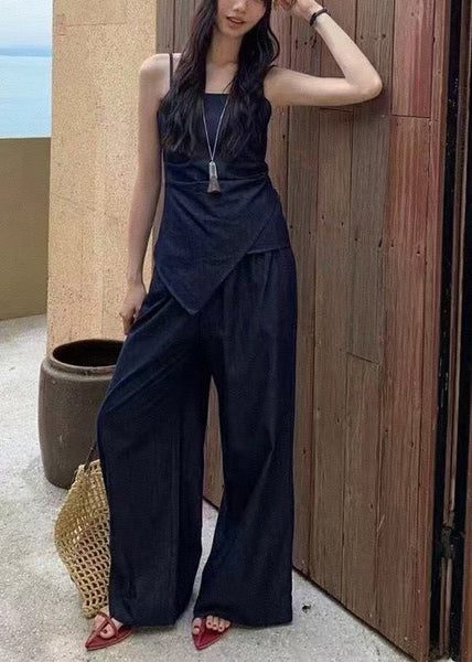 Elegant Navy Denim Summer Fit Piece Asymmetrical Silm 2 Outfit FashionChic