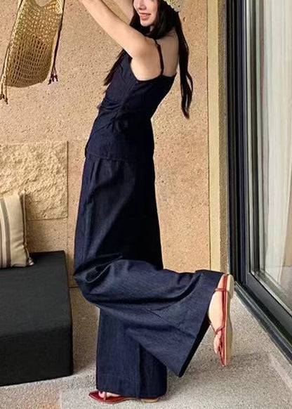 Elegant Navy Denim Summer Fit Piece Asymmetrical Silm 2 Outfit FashionChic