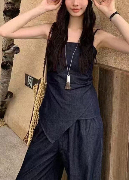 Elegant Navy Denim Summer Fit Piece Asymmetrical Silm 2 Outfit FashionChic