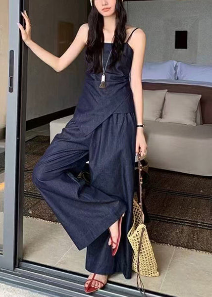 Elegant Navy Denim Summer Fit Piece Asymmetrical Silm 2 Outfit FashionChic
