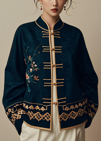 Elegant Navy Chinese Button PrintSilk Coats Fall ER005 ABC