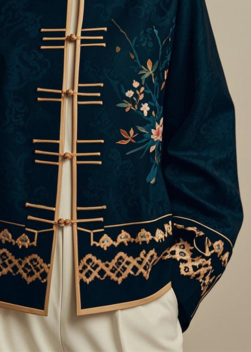 Elegant Navy Chinese Button PrintSilk Coats Fall ER005 ABC