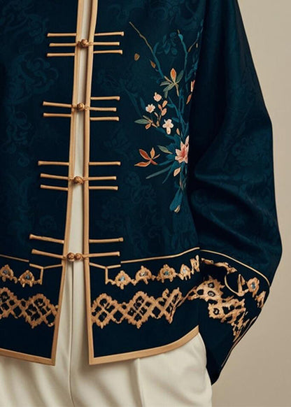 Elegant Navy Chinese Button PrintSilk Coats Fall ER005 ABC