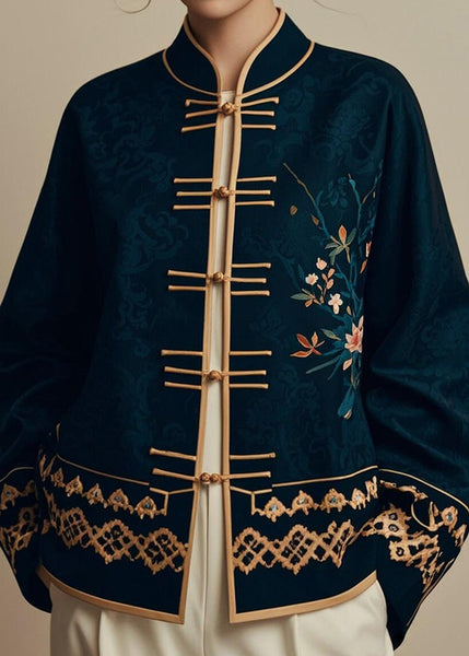 Elegant Navy Chinese Button PrintSilk Coats Fall ER005 ABC