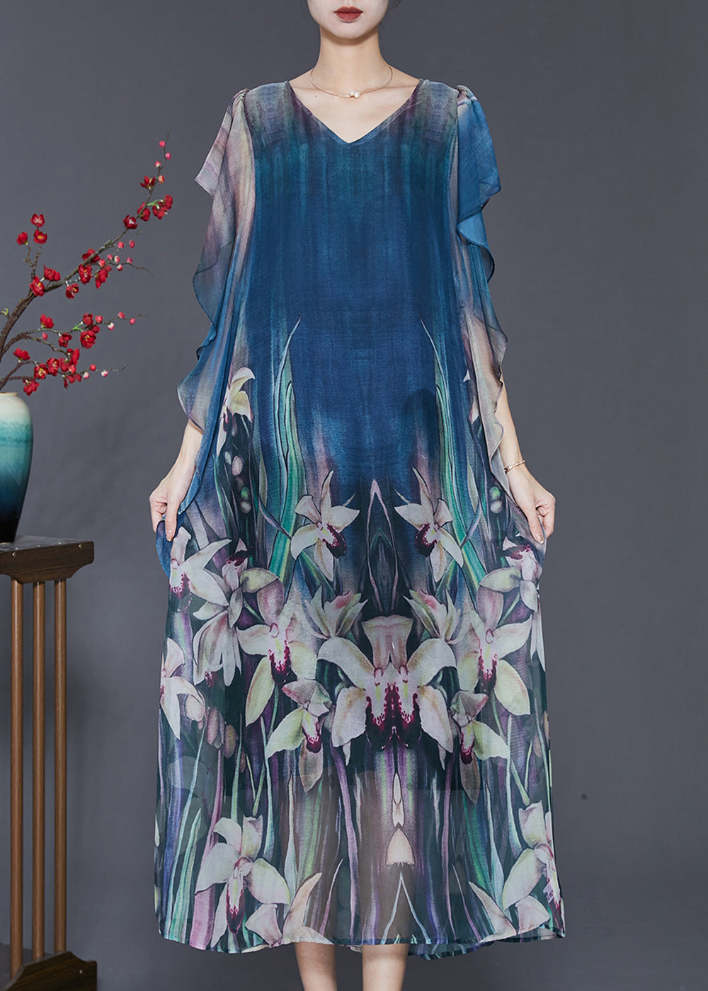 Elegant Navy Floral Print Silk Holiday Dress Butterfly Sleeve SD1104 Ada Fashion