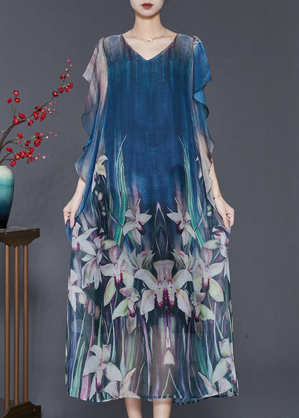 Elegant Navy Floral Print Silk Holiday Dress Butterfly Sleeve SD1104 Ada Fashion