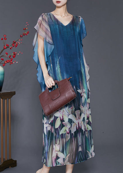 Elegant Navy Floral Print Silk Holiday Dress Butterfly Sleeve SD1104 Ada Fashion