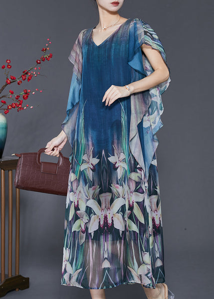 Elegant Navy Floral Print Silk Holiday Dress Butterfly Sleeve SD1104 Ada Fashion