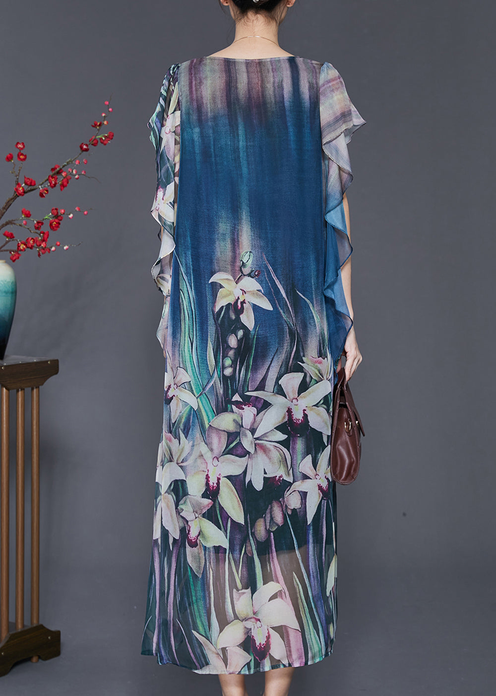 Elegant Navy Floral Print Silk Holiday Dress Butterfly Sleeve SD1104 Ada Fashion