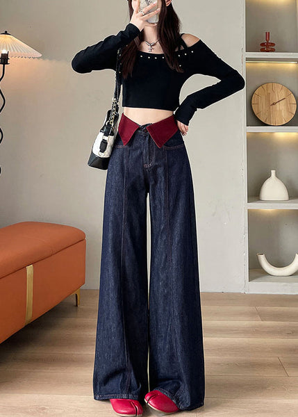 Elegant Navy High Waist Patchwork Denim Straight Pants Spring YO10 ABC