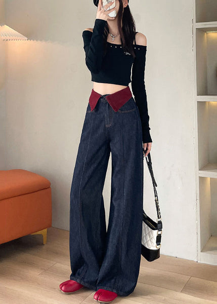Elegant Navy High Waist Patchwork Denim Straight Pants Spring YO10 ABC