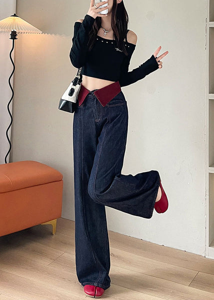 Elegant Navy High Waist Patchwork Denim Straight Pants Spring YO10 ABC