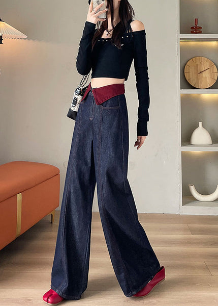 Elegant Navy High Waist Patchwork Denim Straight Pants Spring YO10 ABC