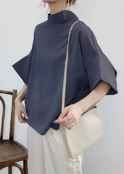 Shirt Navy Elegant Batwing Stand Collar Sleeve Cotton FashionChic