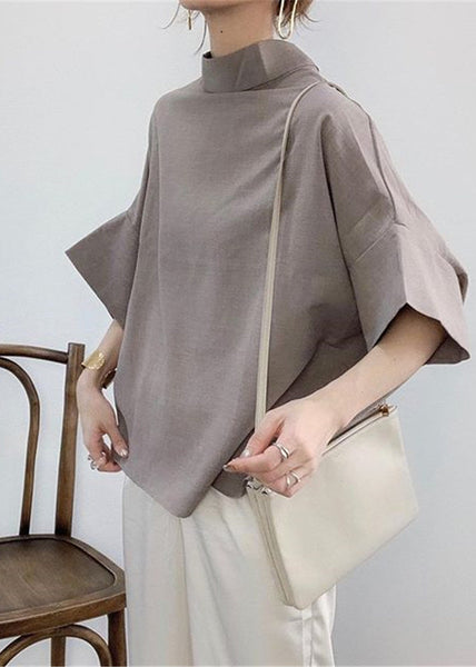 Shirt Navy Elegant Batwing Stand Collar Sleeve Cotton FashionChic