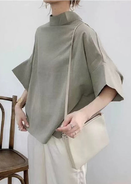 Shirt Navy Elegant Batwing Stand Collar Sleeve Cotton FashionChic