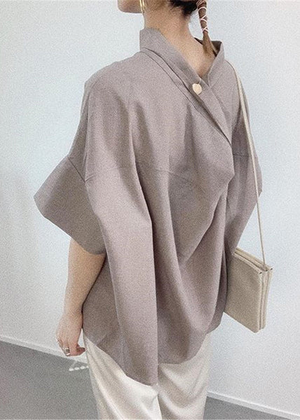 Shirt Navy Elegant Batwing Stand Collar Sleeve Cotton FashionChic