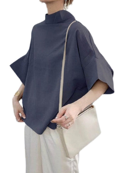 Shirt Navy Elegant Batwing Stand Collar Sleeve Cotton FashionChic