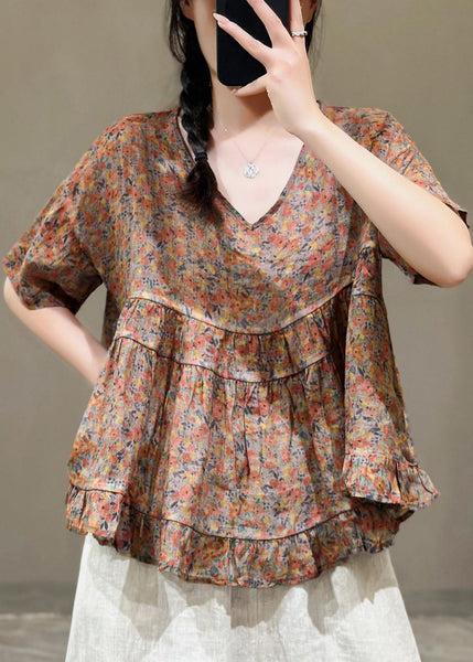 Elegant Navy V Neck Print Linen Top Short Sleeve RE022 MZF-STP240807