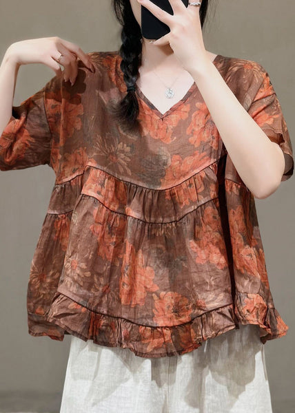 Elegant Navy V Neck Print Linen Top Short Sleeve RE022 MZF-STP240807