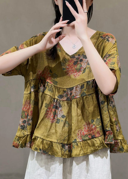 Elegant Navy V Neck Print Linen Top Short Sleeve RE022 MZF-STP240807