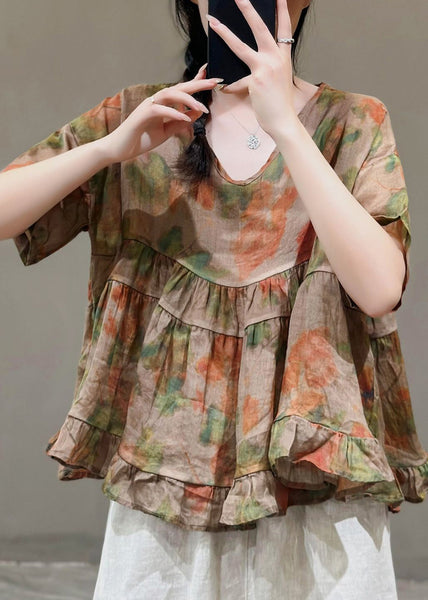 Elegant Navy V Neck Print Linen Top Short Sleeve RE022 MZF-STP240807