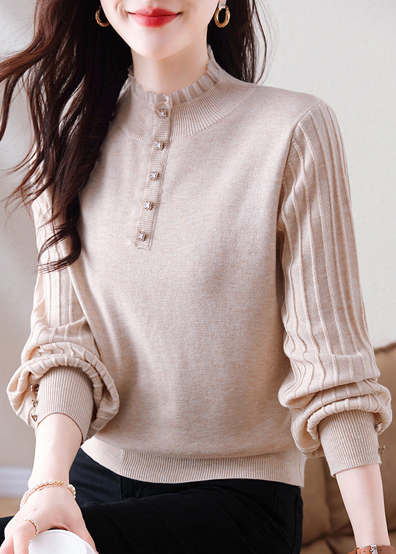 Elegant Oatmeal Ruffled Button Patchwork Woolen Sweater Spring TF026