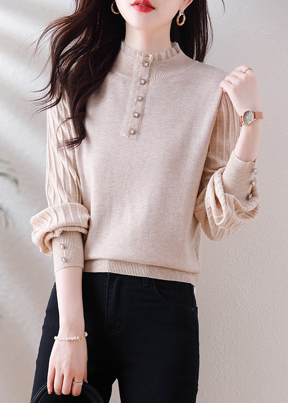 Elegant Oatmeal Ruffled Button Patchwork Woolen Sweater Spring TF026