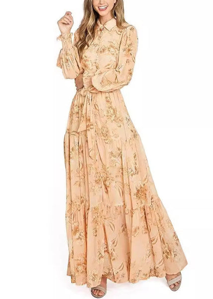 Elegant Orange Button Print Cotton Maxi Dresses Long Sleeve AU1015 OM-ZS240902