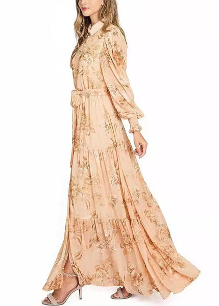 Elegant Orange Button Print Cotton Maxi Dresses Long Sleeve AU1015 OM-ZS240902