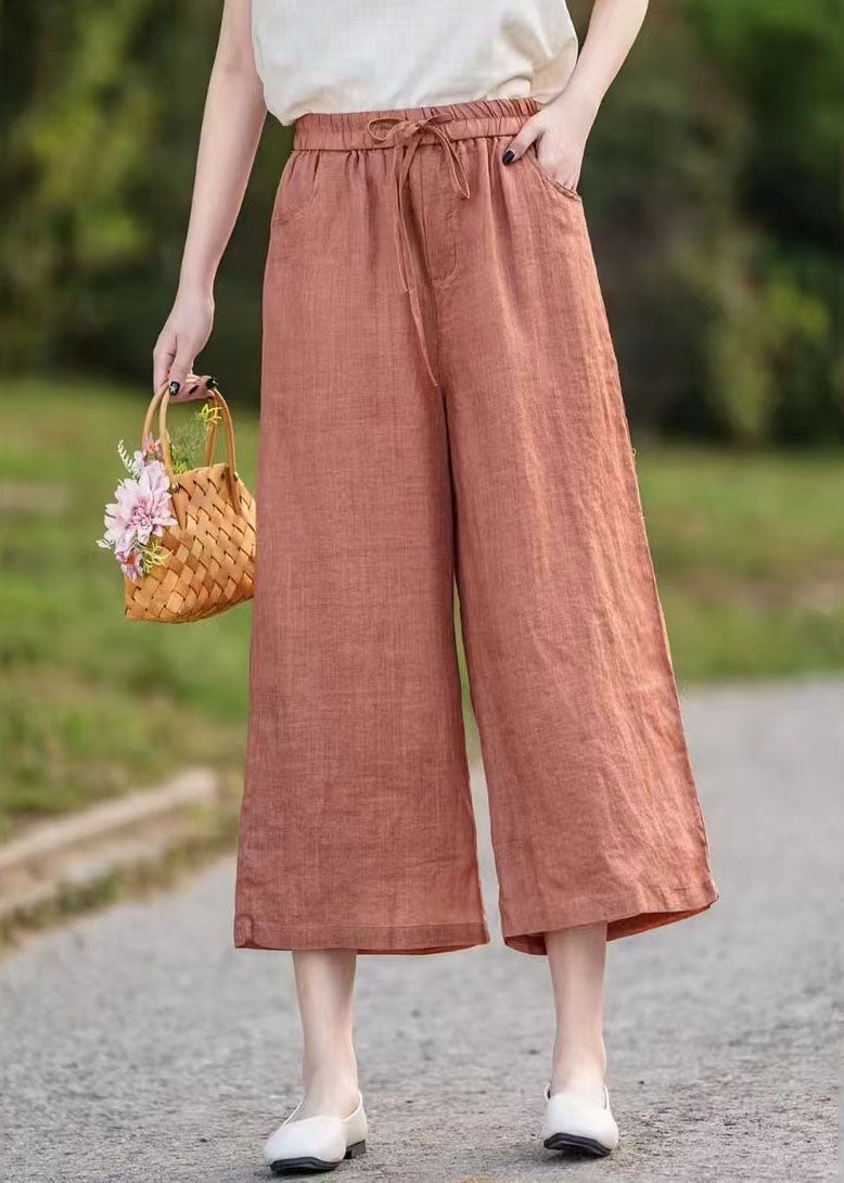 Linen Waist Crop Elastic Elegant Summer Pants Orange FashionChic