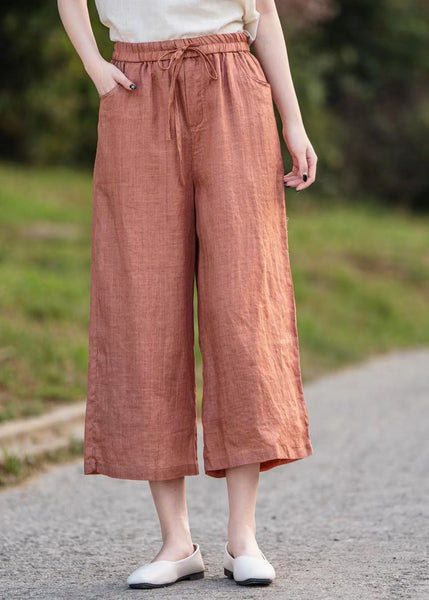 Linen Waist Crop Elastic Elegant Summer Pants Orange FashionChic