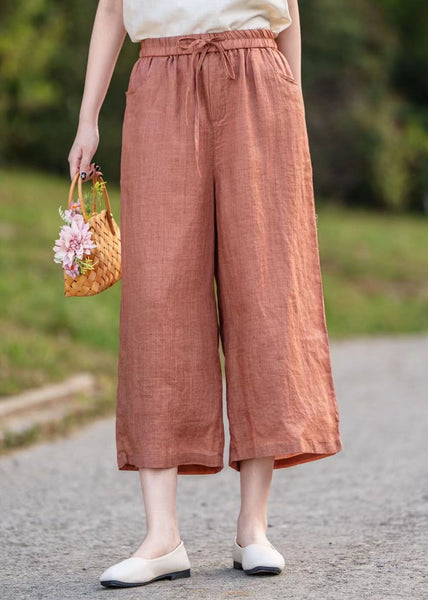 Linen Waist Crop Elastic Elegant Summer Pants Orange FashionChic