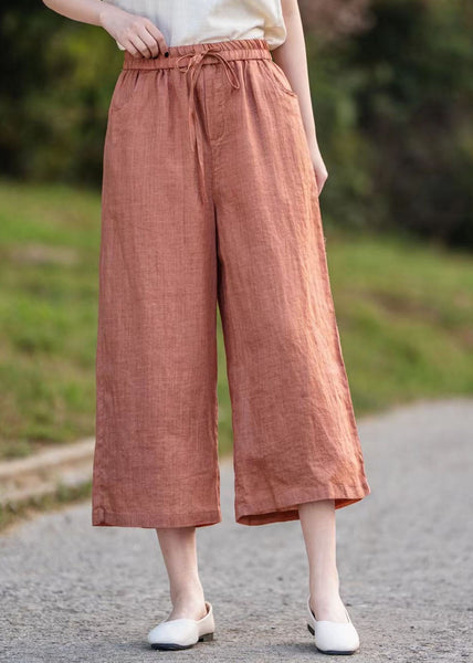 Linen Waist Crop Elastic Elegant Summer Pants Orange FashionChic