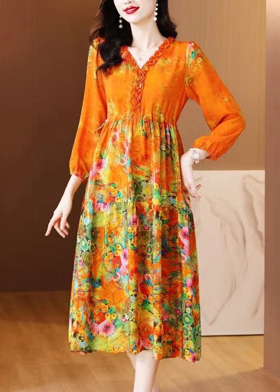 Elegant Orange Ruffled Print Patchwork Silk Long Dress Spring OP1040 Ada Fashion