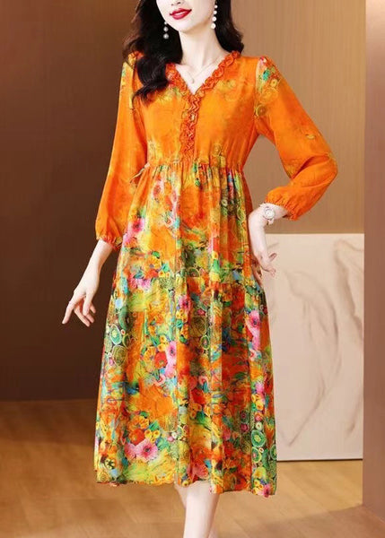 Elegant Orange Ruffled Print Patchwork Silk Long Dress Spring OP1040 Ada Fashion