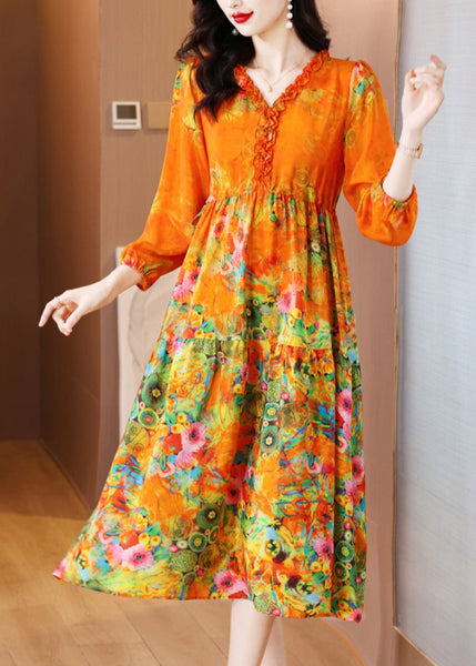 Elegant Orange Ruffled Print Patchwork Silk Long Dress Spring OP1040 Ada Fashion