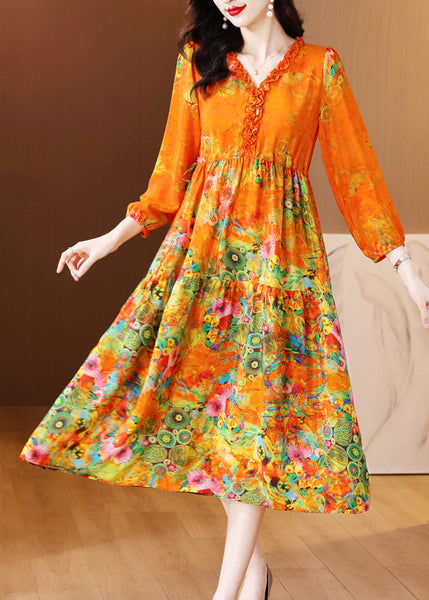 Elegant Orange Ruffled Print Patchwork Silk Long Dress Spring OP1040 Ada Fashion