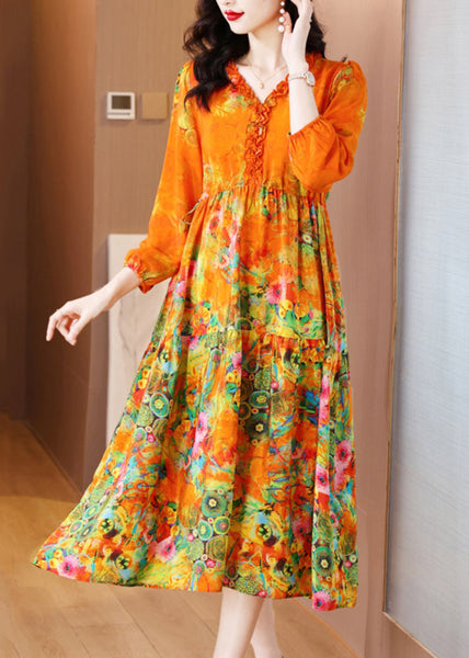 Elegant Orange Ruffled Print Patchwork Silk Long Dress Spring OP1040 Ada Fashion