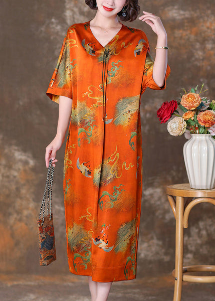 Elegant Orange V Neck Button Print Silk Long Dresses Summer OP1070 Ada Fashion