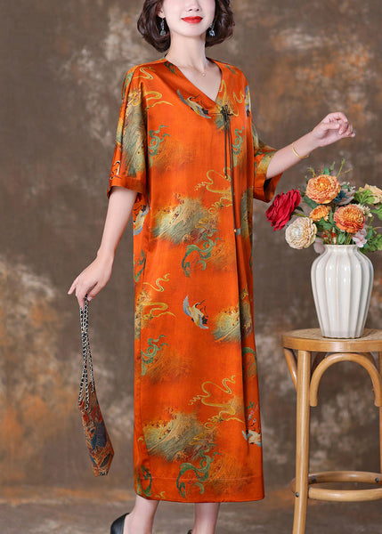 Elegant Orange V Neck Button Print Silk Long Dresses Summer OP1070 Ada Fashion