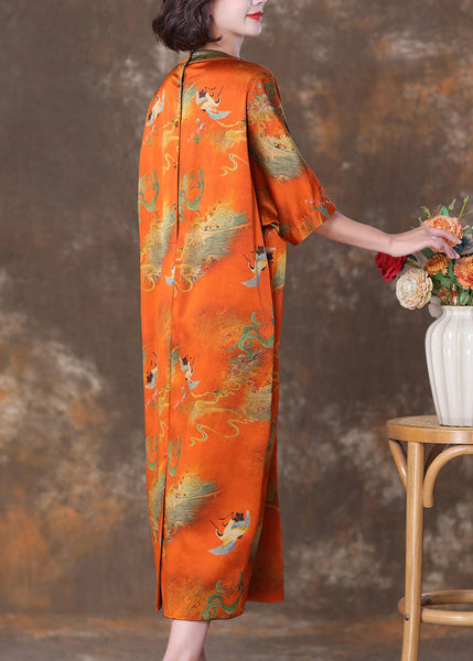 Elegant Orange V Neck Button Print Silk Long Dresses Summer OP1070 Ada Fashion