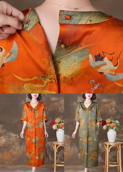Elegant Orange V Neck Button Print Silk Long Dresses Summer OP1070 Ada Fashion