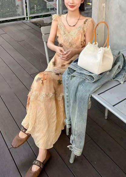 Elegant Orange V Neck Lace Patchwork Long Dresses Sleeveless XX049 SH-LF-SDL240611