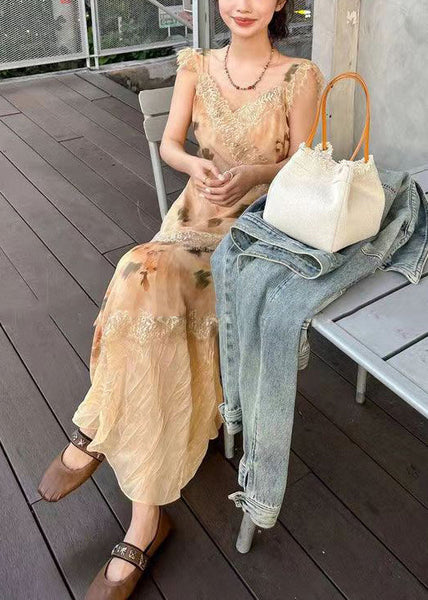 Elegant Orange V Neck Lace Patchwork Long Dresses Sleeveless XX049 SH-LF-SDL240611