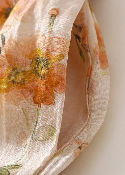 Elegant Orange V Neck Lace Up Print Linen Dresses Summer GG032 MZF-SDL240610